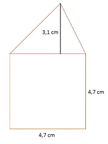 Et kvadrat med sidelengde 4,7 cm er i ene sida festa med en trekant med høyde 3,1 cm.
